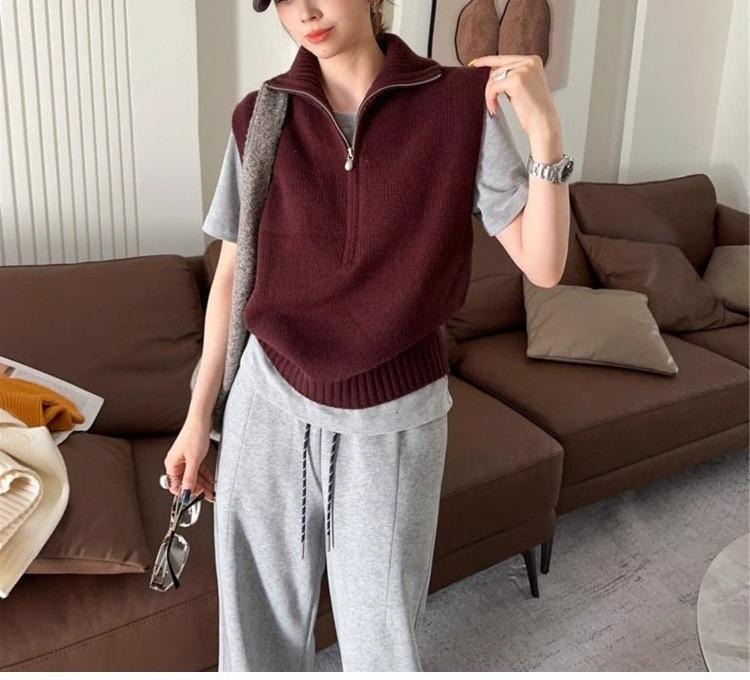 Slack retro half zipper sleeveless knitted vest chic stacked foreign style age-reducing top casual vest