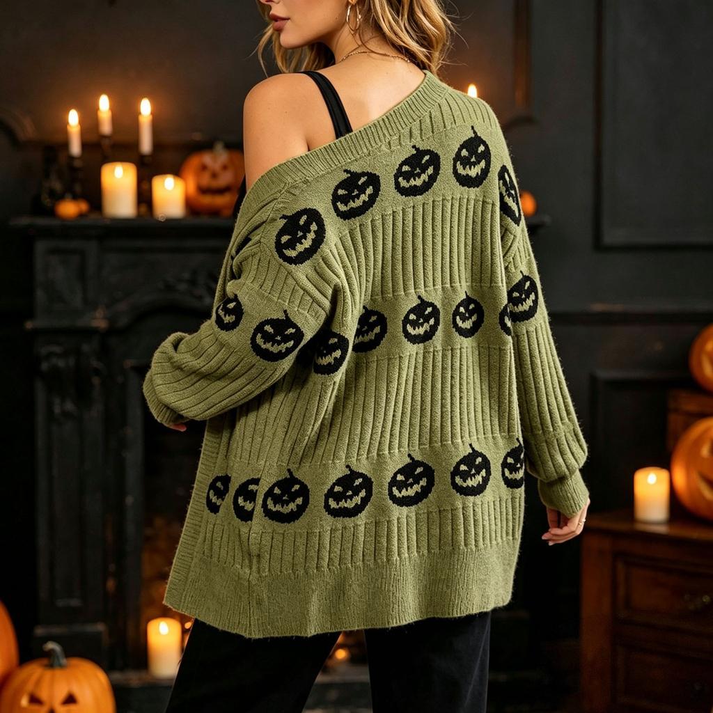 Damen Lässiger Lockersitz Halloween Kürbis V-Ausschnitt Strickjacke für Herbst und Winter