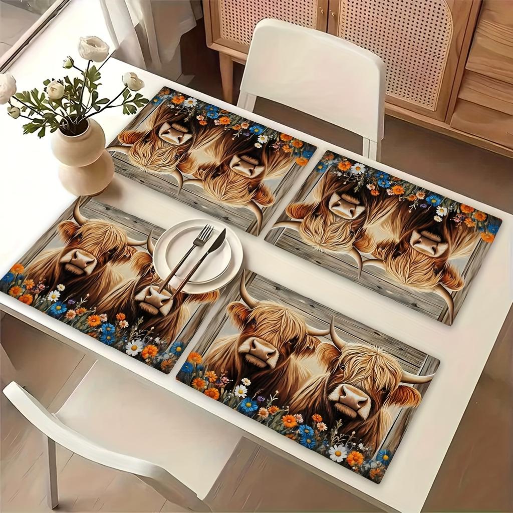 4pcs/6pcs Highland Cow Farmhouse Floral Pattern Placemats, Suitable for Kitchen And Dining Room Decor, Home Decoration, Scene Decoration, Seasonal
