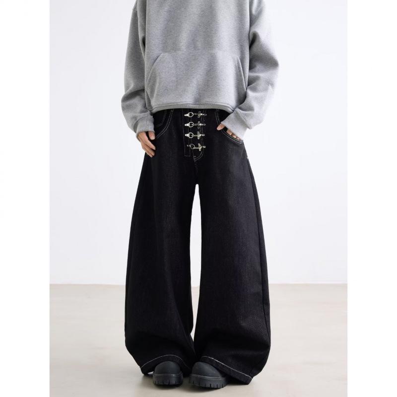 Unisex Retro Star Design Frayed Edge Wide Leg Jeans