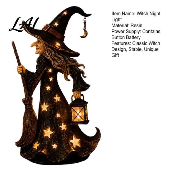 Rustic Festive Desk Accessory Halloween Witch Figurine with Star Light Resin Tabletop Nightlight Lantern Vintage Theme Party Prop Wizard Hat
