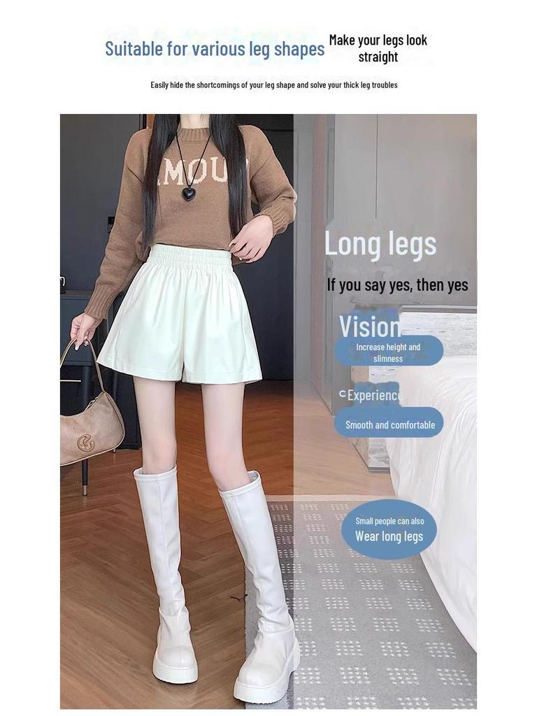 Dámské hnědé kožené šortky s vysokým pasem - Podzim/Zima 2023 Áčkový střih Slim Široké nohavice PU Móda.