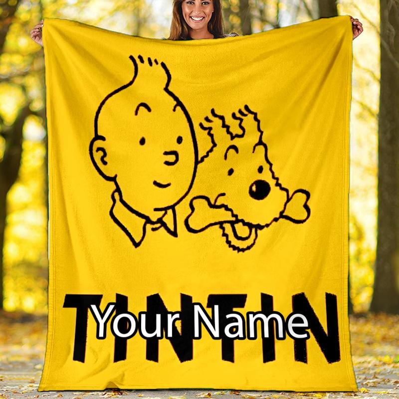 Custom Name Tintin Theme Printed Blanket - Perfect for Couch, Bed, Travel & Outdoor Use | Machine Washable, Cozy & Durable.