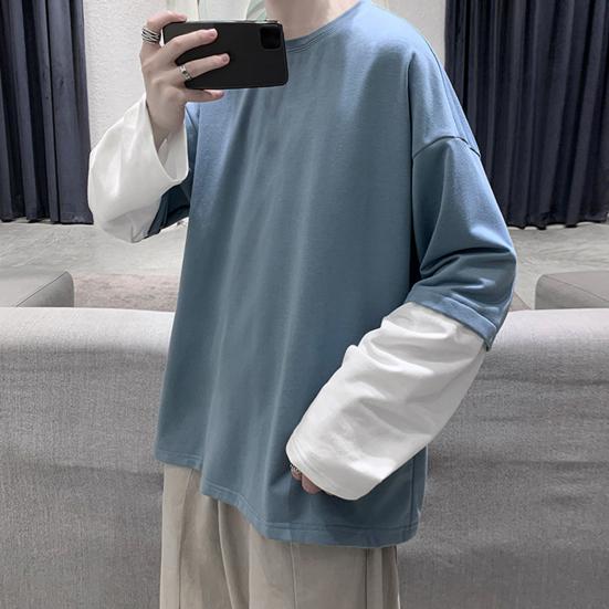 Men Autumn Tops Fake Two-pieced Color Block Pullover Contrast Colors Round Neck Loose Young Style Casual Crew Neck Spring Tops Men Clothes