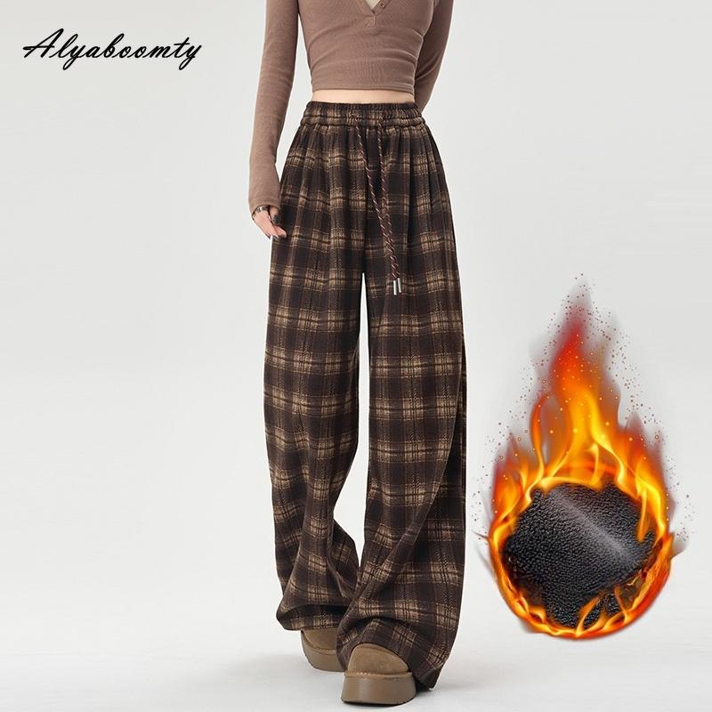 Korean Fashion Autumn Winter Women Fleece Pants High Waist Black Brown Red Navy Blue Plaid Woolen Trousers Vintage Wool Thick Warm Straight Pants