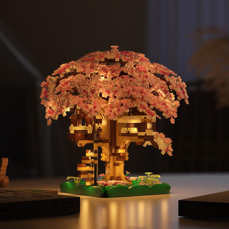 Cherry Blossom Treehouse Light-Up Building Blocks - Compatible with Lego, Flower Children's Toy, Girls' Handmade Ornament, Valentine's Day Gift.