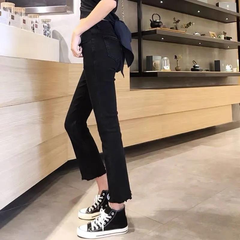 Women's Summer Thin Section of High-waisted Large Size Jeans Solid Colour Commuter Eight Trousers