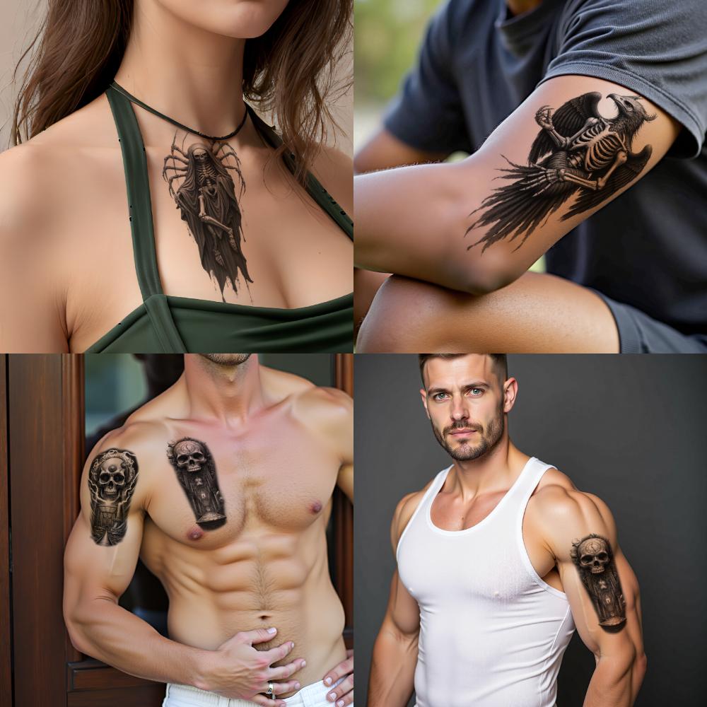 3pcs Temporary Tattoo Waterproof Long-lasting Body Stickers Owl And Skull Skeleton Bird Skull With For Men Thighs Adults