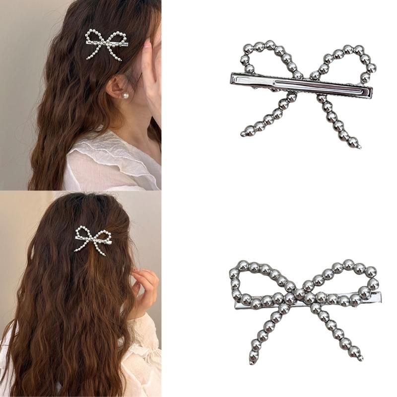 Beaded Hair Clip Aesthetic Hair Bows Bowknot Duckbill Clip Side Pin Nonslip Hair Barrettes for Women Girl Hair Styling