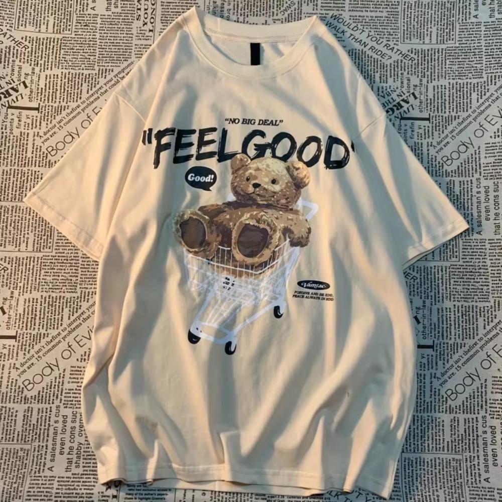 Original American Retro Teddy Bear Print Short Sleeved T-shirt For Men Women Couple Fashion Label Harajuku Pure Cotton Tee