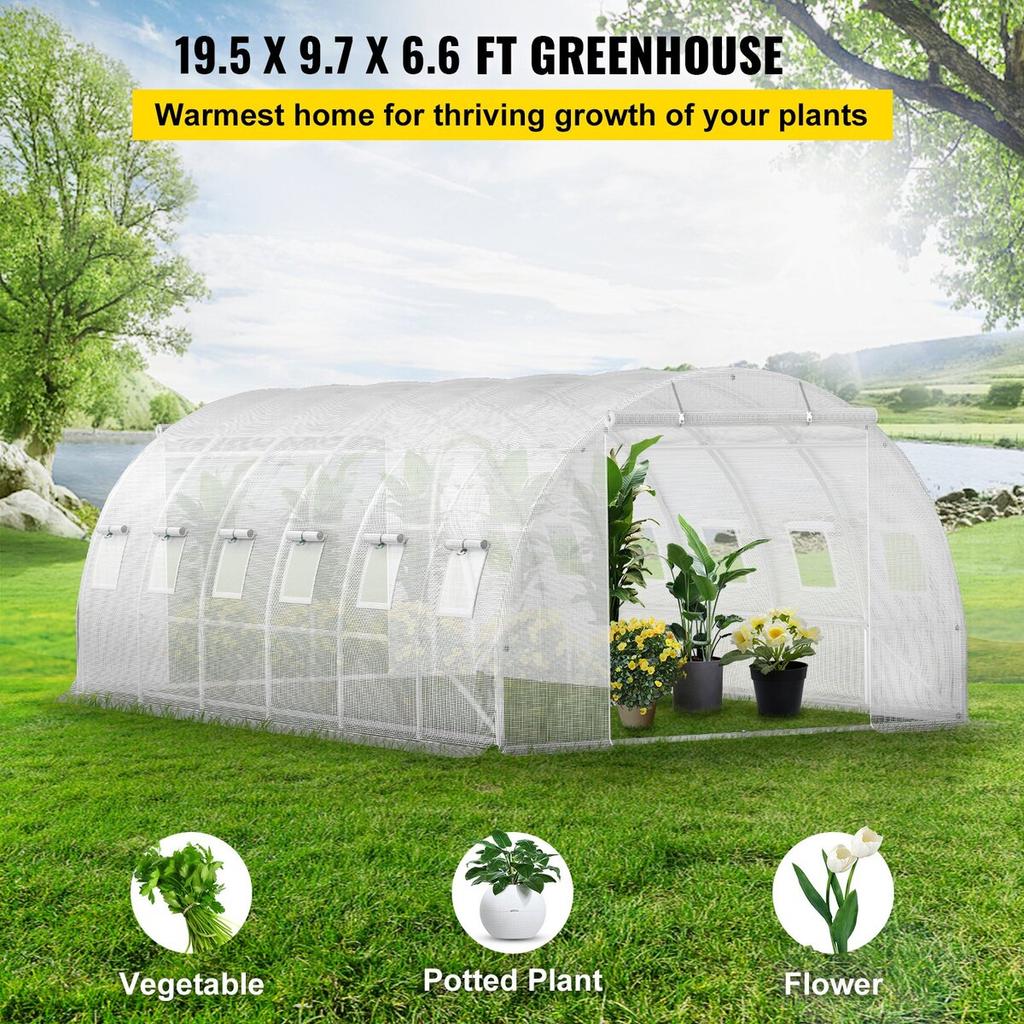 Walk-in Tunnel Greenhouse, 20 x 10 x 7 ft Portable Plant Hot House w/ Galvanized Steel Hoops, 3 Top Beams, 4 Diagonal Poles, 2 Zippered Doors & 12
