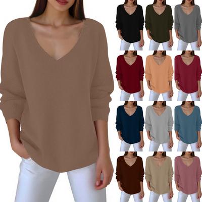 Modny damski sweter dzianinowy z dekoltem w serek, damski top casualowy z długim rękawem w jednolitym kolorze