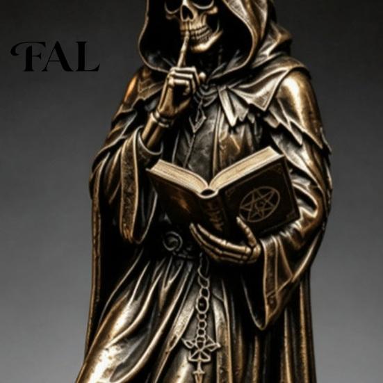 Haunted Bedroom Display Gothic Hooded Reaper Reading Book Resin Statue, Mystical Wizard Skull Figurine Artistic Statue Desktop Bookshelf Decor,