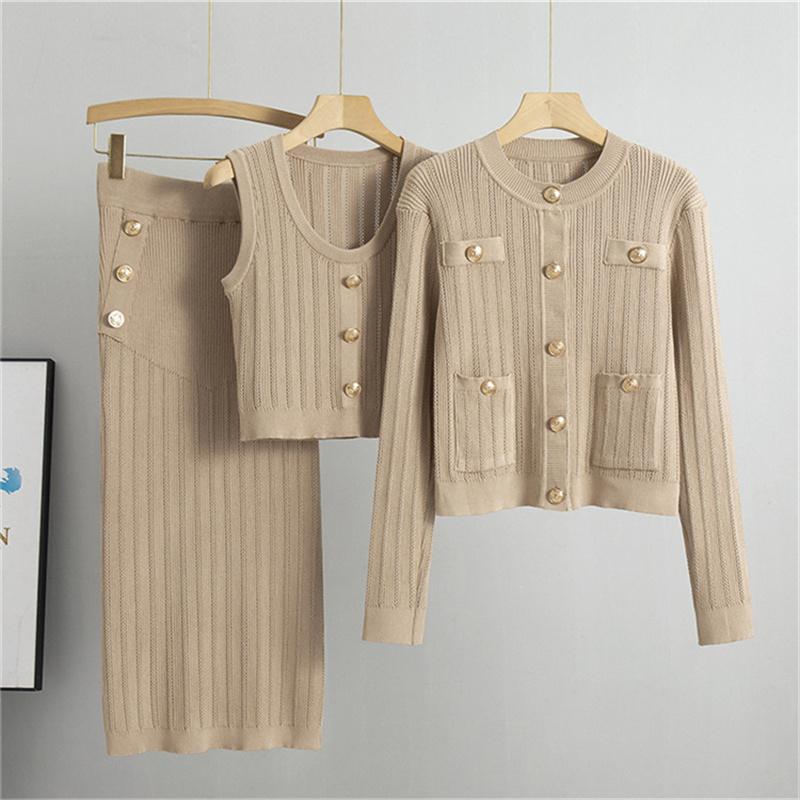 

Knitted women s suit, Autumn new cardigan sweater+vest+skirt three piece set One Size хакі