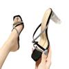 Fashion Large size rhinestone crystal thick heel square toe slippers sweet ladies sandals