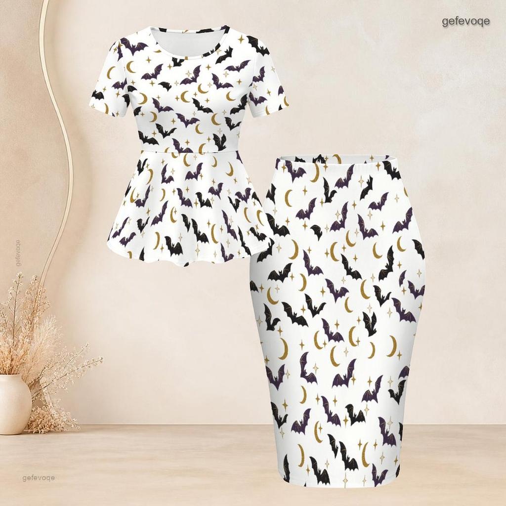 Women Plus Size White Short Sleeve Round Neck Halloween Print Peplum Top And Pencil Skirt Set