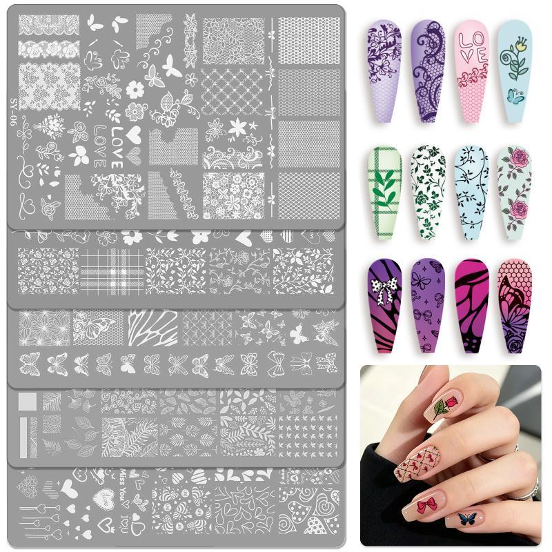 1 Sheet Etched Nail Art Stencil High-Precision Bow Flower Lace Checkered Nail Decal Sheets For Reusable Manicure Transfer Tool