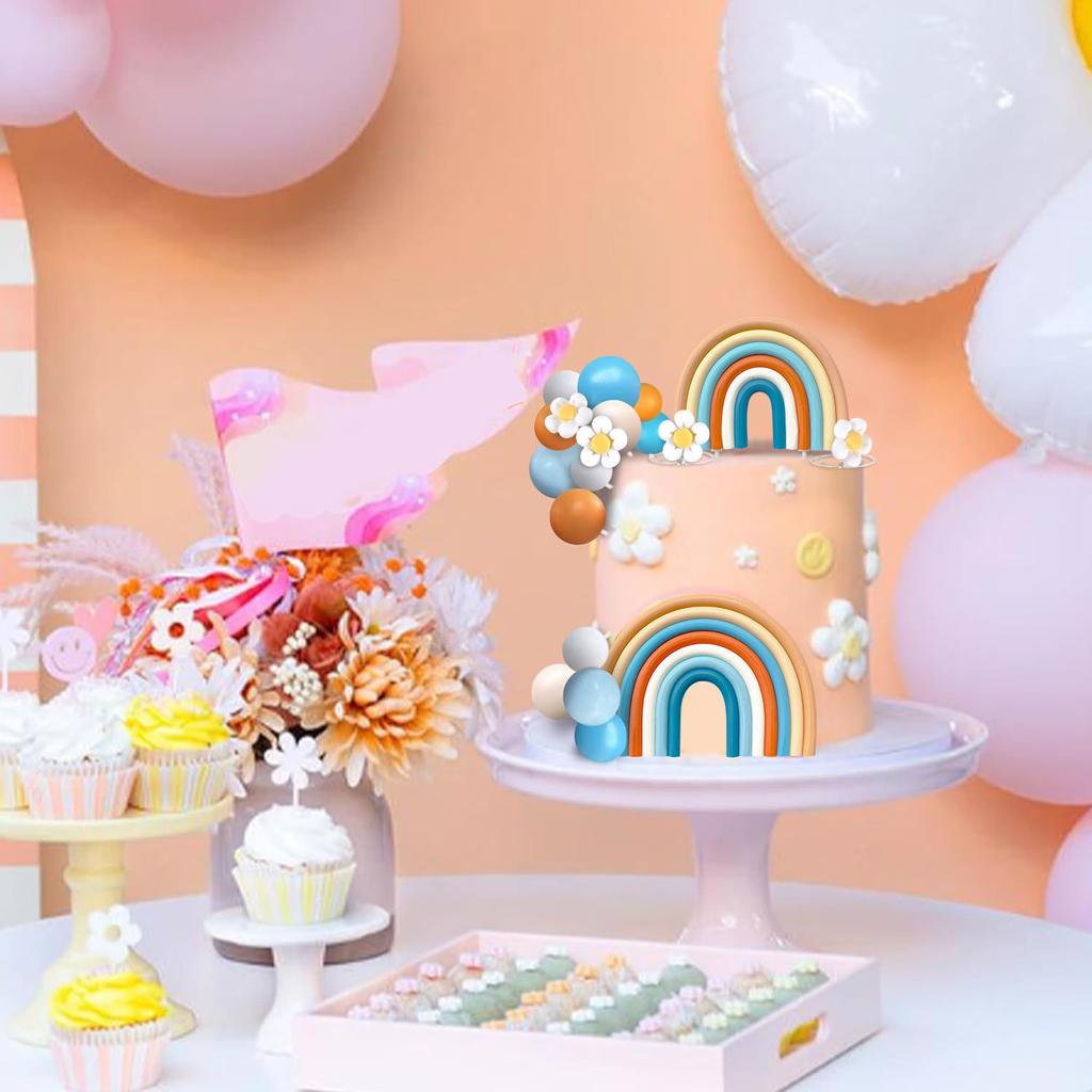 Groovy Cake Toppers Boho Cake Decorations with Flower Rainbow Balls for Girl Birthday Party Hippie Boho Groovy Party Supplies