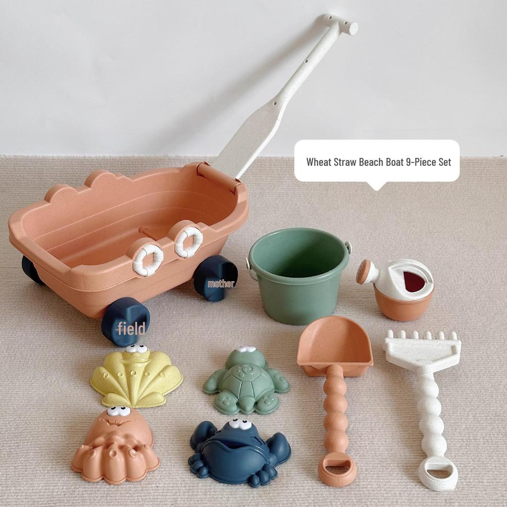 Korean Children's Wheat Straw Beach Toy Set: Boat & Handcart with Water Play and Sand Shovels