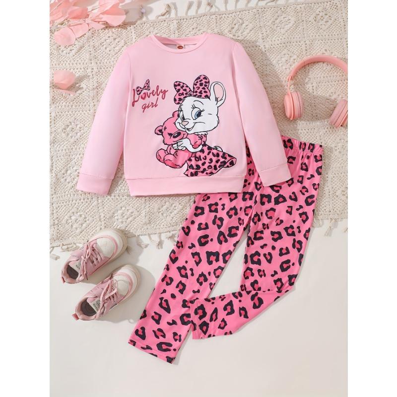 Girl's Autumn and Winter Cute Bunny Bear Printed Long Sleeved Shirt+leopard Print Pants Two-piece Set, a Gift for Children, Perfect for Outdoor