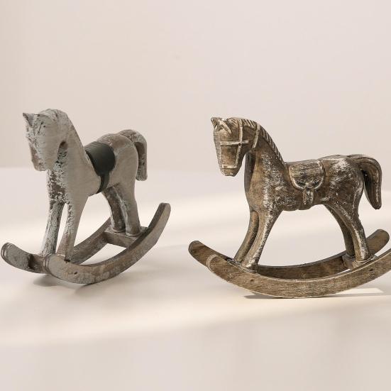 Wooden Rocking Horse Figurine Retro Miniature Horse Ornament Rustic Desktop Rocking Horse Statue for Home Table Centerpiece Shelf Cabinet