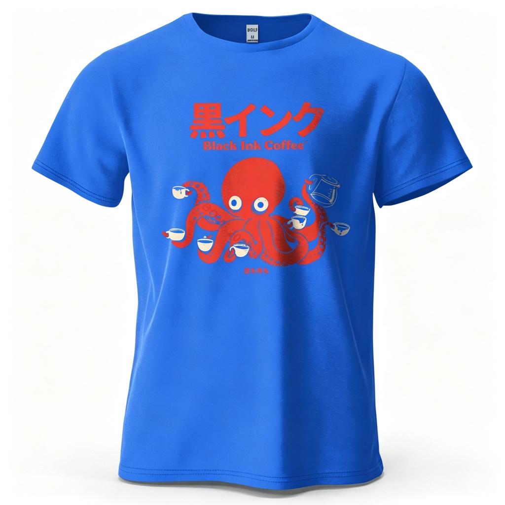 Unisex Octopus Coffee Black Ink Coffee Japanese Text Graphic Tshirt Casual Crew Neck Short Sleeve Loose Cotton Streetwear