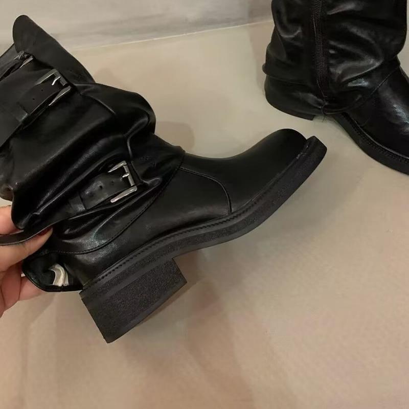 Niche retro thick heel mid-height boots knight boots martin boots early autumn western cowboy pile boots women's boots