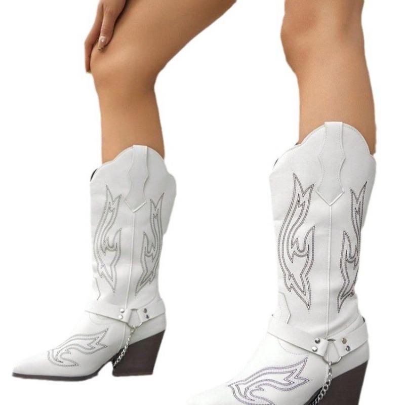 Retro Embroidered Large Size Western Cowboy Boots Autumn and Winter Thick Heel High Heel Small Square Head Medium Tube Knight Martin Boots