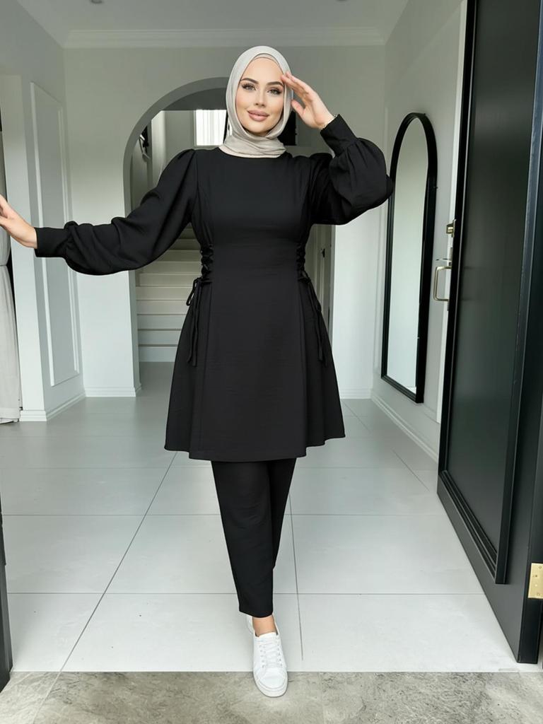 Women's Solid Color Two-Piece Set: Fashionable Top & Pants for Middle Eastern Style