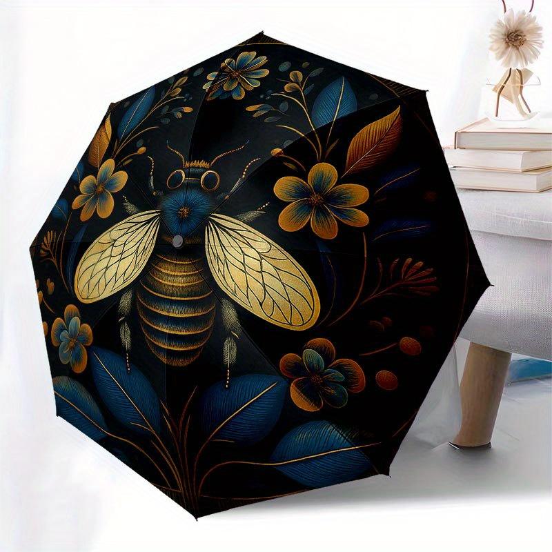 Golden Bee & Floral Mandala Wall Art DecorUmbrella with Cute Design, Portable 3-Fold Compact Umbrella for Men & Women, Valentine's Day Mother's Day Ha