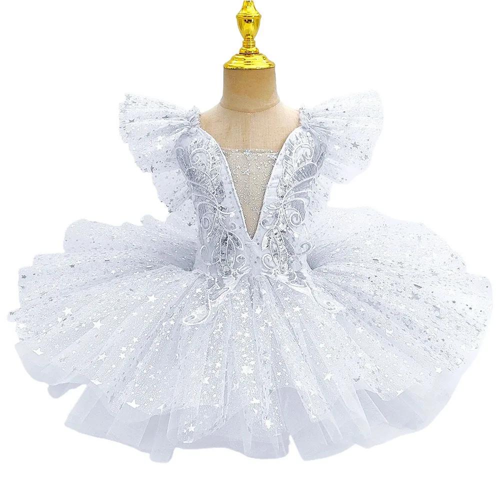Fashion Sequin Ballet Dress White Champagne Performance Clothes Party Dress Modern Princess Dress Girls
