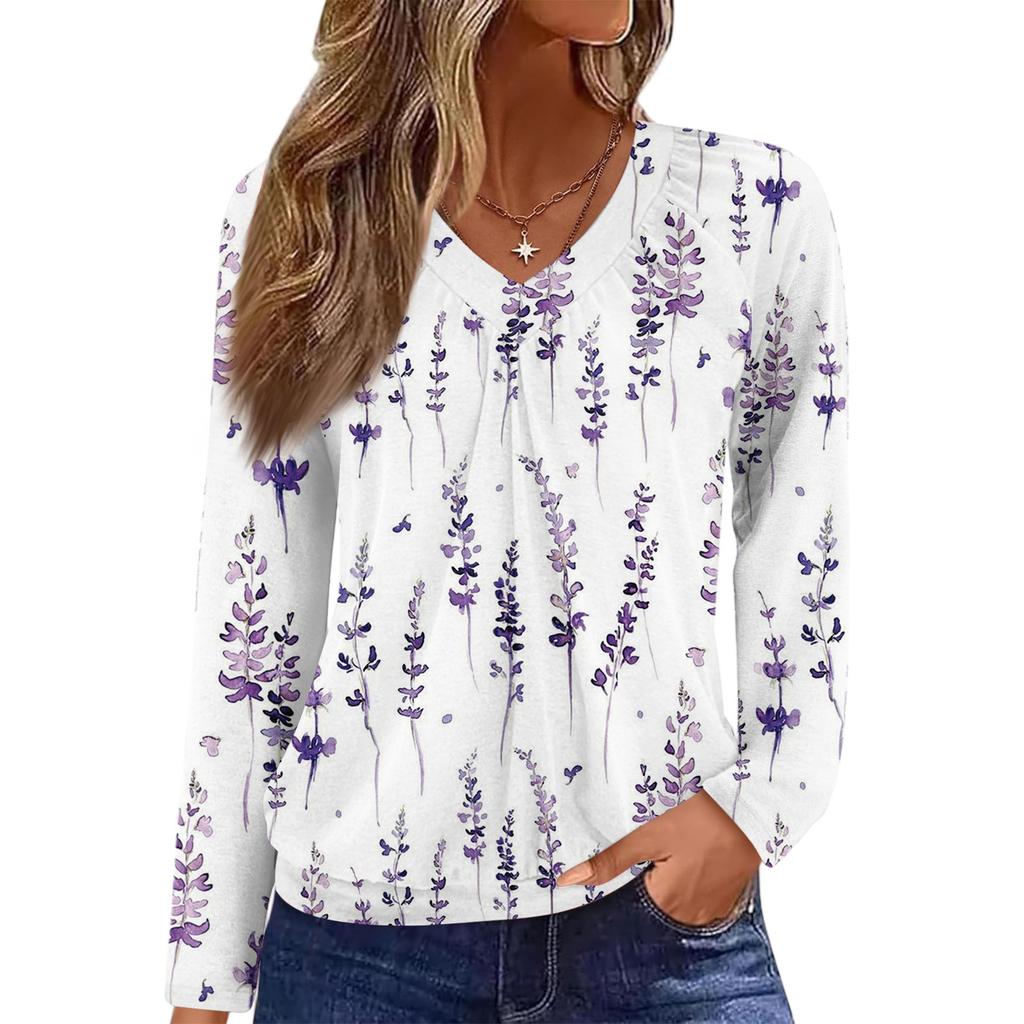 Women's Casual Fashion V-Neck Raglan Pleated Floral Print Long Sleeve Top