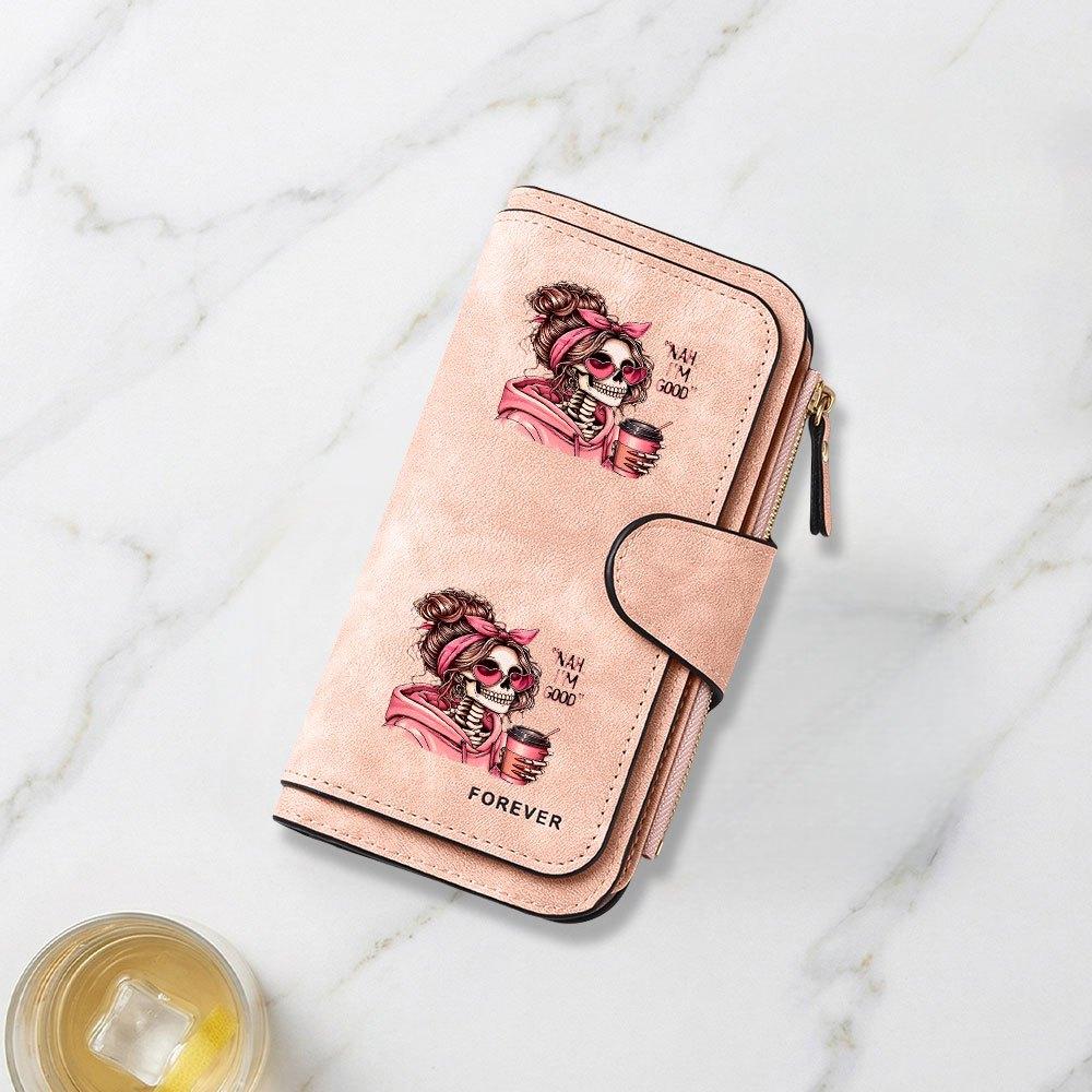 Fashionable long wallet with stylish skull and coffee cup print design eye catching multifunctional portable with clasp for coins large capacity