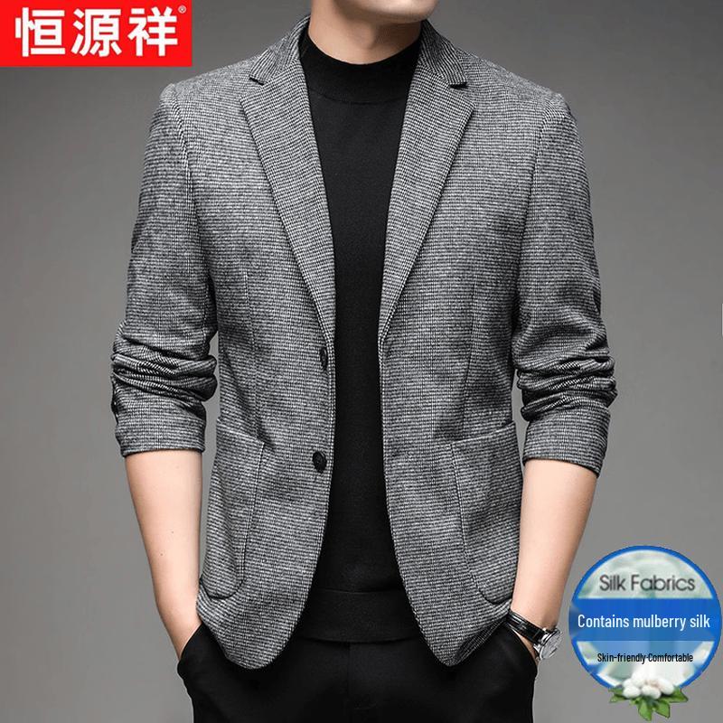 Hengyuanxiang Men s Mulberry Silk Blend Houndstooth Suit Jacket 52
