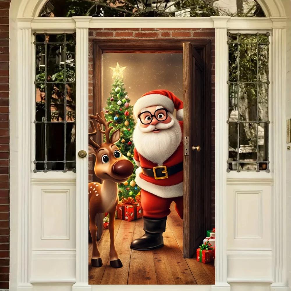 Christmas Door Cover Decoration Santa Claus Elk Open Door Welcome Christmas Background Indoor Outdoor Porch Banner Party