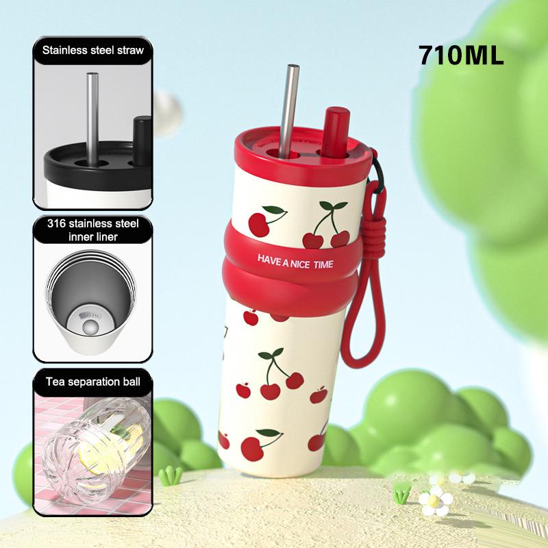 

710Ml Stainless Steel Cup Bow Cherry Flower Print Insulation Or Cooling High-Capacity Cup With Lifting Rope Insulated Cup A1