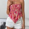 Women Sexy Off Shoulder Summer Tops Floral Print Sleeveless Strapless Tank Slim Waist Draw Pleats Hot Girl Spring Casual Blouse S-XL