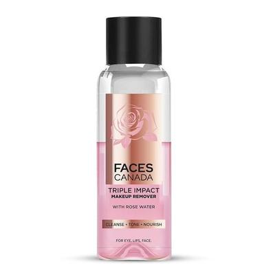 FACESCANADA Desmaquillante Triple Impacto, 120 ml | Con Agua de Rosas | Limpia, Tonifica y Nutre 3 en 1 | Limpia Profundamente y Elimina el Maquillaje de Ojos, Labios