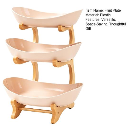 Multi Layer Fruit Basket with Bamboo Stand, Plastic Tiered Snack Tower for Candy Nuts, Space Saving Kitchen Counter Organizer for Living Room