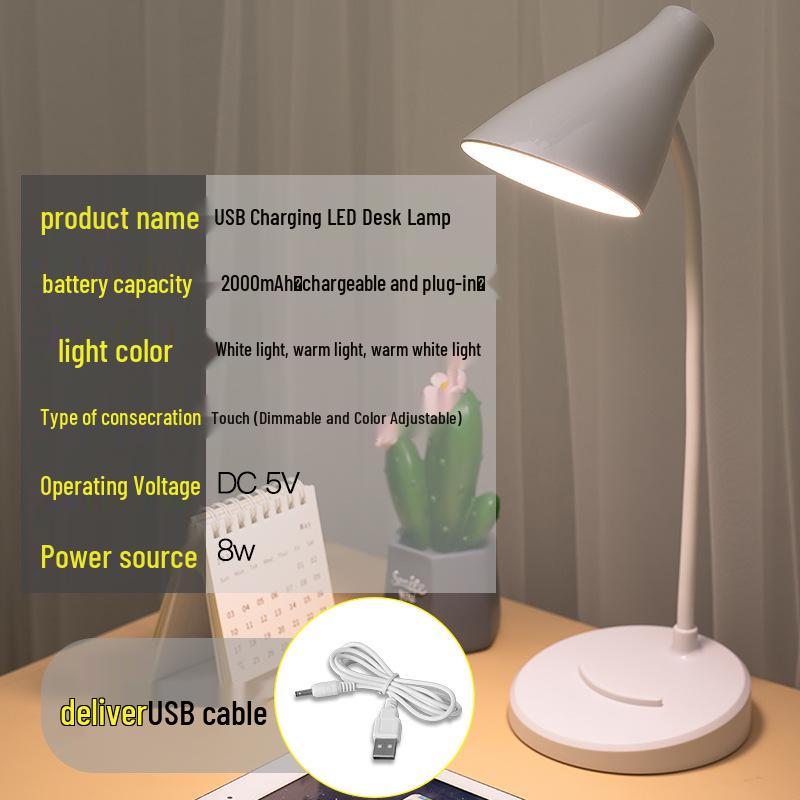 LED Desk Lamp with Eye Protection, Three-Level Dimming, USB Charging & Plug-in, Dual Use for Bedroom or Dorm.