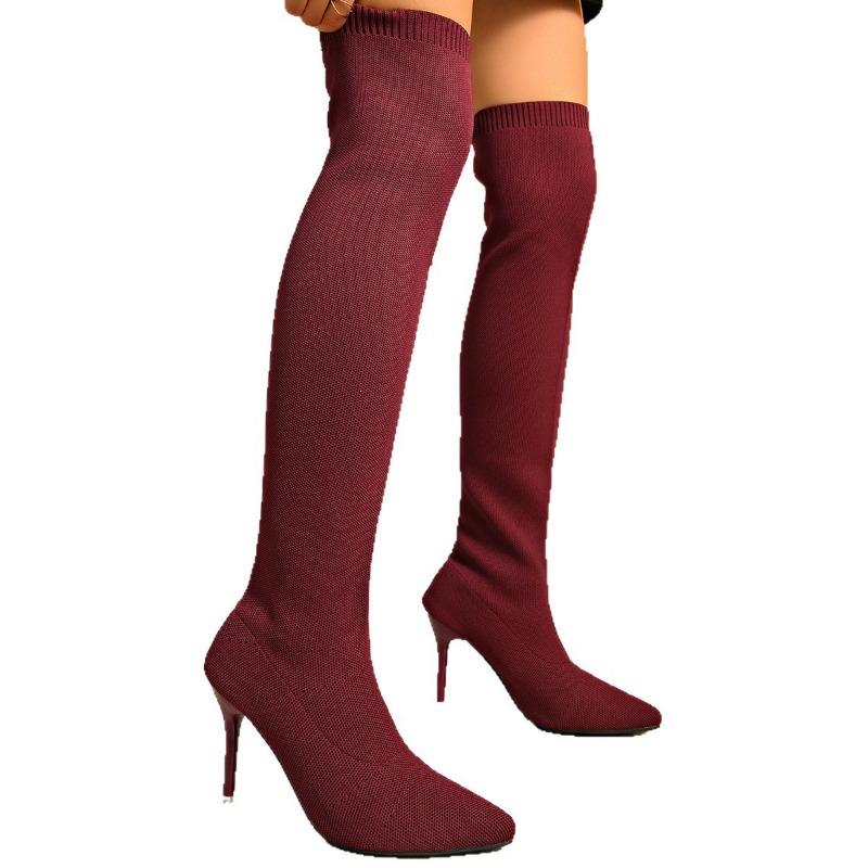 Autumn and winter new knee elastic boots pointed thin heel flying socks boots knitted tube knee boots