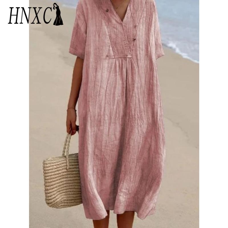 HNXC Women's Fashion Summer Spring Solid Color Print Short Sleeve V-Neck High Waist Casual Dresses
