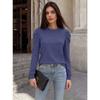 Women Loose Round Neck Pleated Puff Long Sleeve Solid Color T Shirt Top