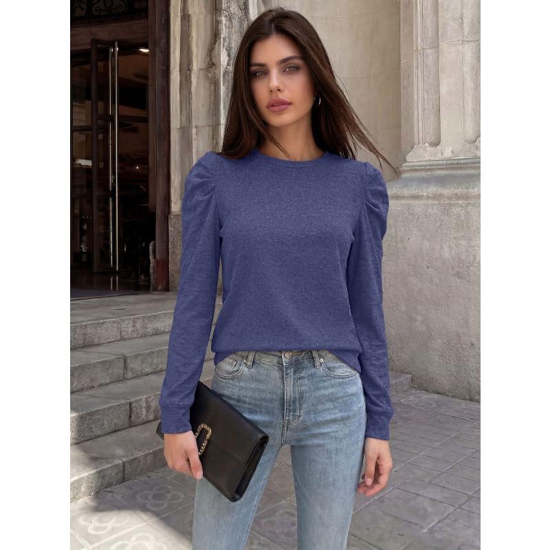 Women Loose Round Neck Pleated Puff Long Sleeve Solid Color T Shirt Top