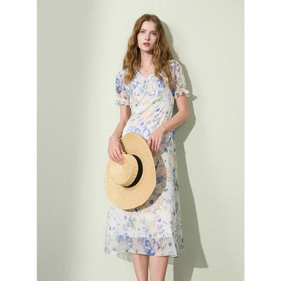 Sancai 2025 Summer Floral Chiffon V-neck A-line Maxi Dress