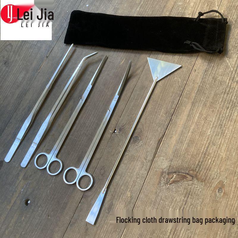 Aquatic Plant Tool Set: Stainless Steel Tweezers, Scissors, Sand Shovel, Sand Polisher, Mirror Black, 5-Piece.