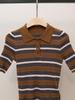 Dámský podzimní francouzský úzký pruhovaný pletený polo svetr s límečkem