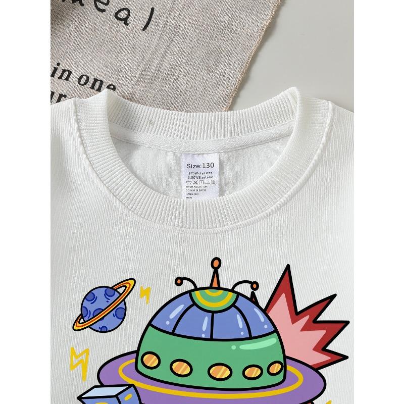Felpa da Bambino Girocollo | Astronave Colorata Nuvole Pianeta, Lavabile in Lavatrice, Primavera e Autunno, Abbigliamento Sportivo e Casual