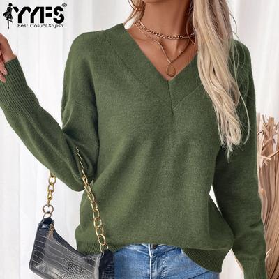 Women's Fashion Casual Fall Winter Solid Color Print Long Sleeve V Neck Sweaters