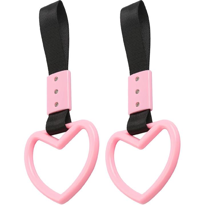 2PCS Heart Shaped Car Handle Straps, Rear Bumper Warning Keychain Ring With Drift Charm For Car Exterior Interior Accessories (Pink)